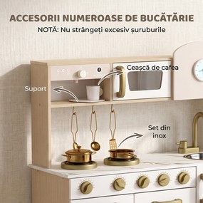 AIYAPLAY Bucătărie de Jucărie pentru Copii cu Plită, Robinet și Accesorii, MDF și Oțel Inoxidabil, 74 x 29 x 81 Cm, Alb | Aosom Romania
