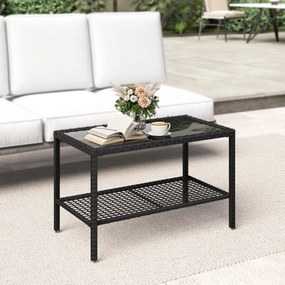 Outsunny Măsuță de Cafea din Ratan pe 2 Niveluri cu Raft, Blat din Sticlă Securizată, Măsuță de Exterior cu Cadru din Oțel, 92x50x45 cm, Negru | Aosom Romania