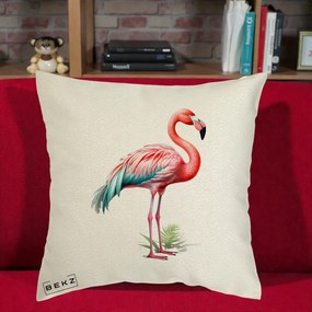Perna Decorativa Flamingo Roz cu Pene Teal, 40x40 cm, Ecru, Husa Detasabila, Perna Inclusa, BEKZ®