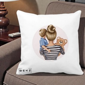 Cadou pentru Mama - Perna Personalizata Mama si Baietelul cu Ursulet, 40x40 cm, Alba Mata, Husa Detasabila, Perna Inclusa, BEKZ®