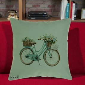 Perna Decorativa Bicicleta Teal cu Cosuri Duble de Flori Vintage, 40x40 cm, Verde, Husa Detasabila, Perna Inclusa, BEKZ®
