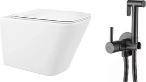 Pachet vas wc suspendat Rea, capac softclose si set dus igiena intima negru cu baterie incastrata Invena Bidetta