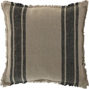 Pernă decorativă pătrată din in natural cu dungi negre și franjuri, 50 x 50 cm, 525 g, bej și negru, husă cu fermoar, „Linen Cushion Square Striped"
