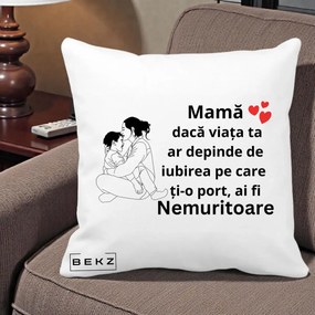 Cadou pentru Mama - Perna Personalizata Mama Nemuritoare Kawaii, 40x40 cm, Alba Mata, Husa Detasabila, Perna Inclusa, BEKZ®