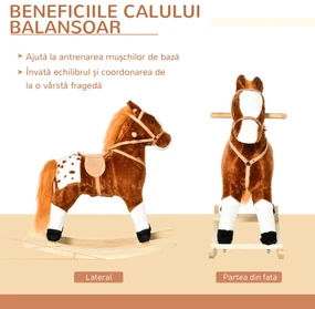 HOMCOM Căluț Balansoar din Lemn pentru Copii 3-6 Ani cu Sunet de Animal și Șa, 74x28x65 cm, Maro | Aosom Romania