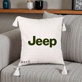 Perna Personalizata cu emblema Jeep, 40x40 cm, Bej cu Franjuri, Husa Detasabila, Perna Inclusa, BEKZ®