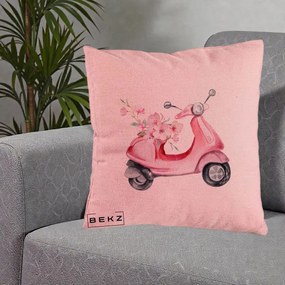 Perna Decorativa Scuter Roz cu Flori Acuarela, 40x40 cm, Roz, Husa Detasabila, Perna Inclusa, BEKZ®