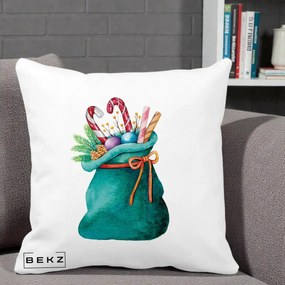 Perna Decorativa Saculet Cadouri Mos Craciun Acuarela Verde, 40x40 cm, Alba Mata, Husa Detasabila, Perna Inclusa, BEKZ®