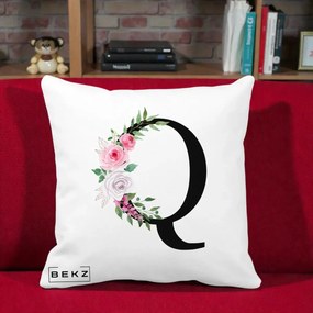 Cadou Personalizat - Perna Personalizata Monograma Florala Litera Q, 40x40 cm, Alba Mata, Husa Detasabila, Perna Inclusa, BEKZ®