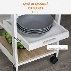 HOMCOM Carucior Bucatarie 4 Roti Sertar Cos Sarmă Tavite Detasabile Etajera Lemn Pin 37x37x82cm Alb | Aosom Romania