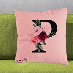 Cadou Personalizat - Perna Personalizata Monograma Florala Litera P, 40x40 cm, Roz, Husa Detasabila, Perna Inclusa, BEKZ®