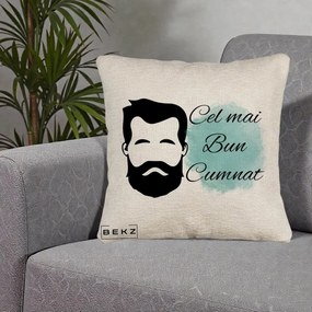 Cadou pentru Cumnat - Perna Personalizata Cel mai Bun Cumnat cu Portret Barbat si Pete Teal, 40x40 cm, Bej Canapea, Husa Detasabila, Perna Inclusa, BEKZ®