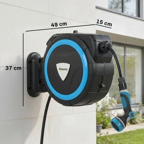 Outsunny Derulator Furtun Udare Montat pe Perete 14+1,5 m cu Blocare și Adaptoare, Rotativ 180°, 12 Moduri, 49x15x37cm, Albastru | Aosom Romania