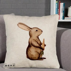 Perna Decorativa Iepuras Acuarela cu Morcov, 40x40 cm, Bej Canapea, Husa Detasabila, Perna Inclusa, BEKZ®