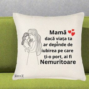 Cadou pentru Mama - Perna Personalizata Mama Nemuritoare cu Copilul in Poala, 40x40 cm, Crem Reliefat, Husa Detasabila, Perna Inclusa, BEKZ®