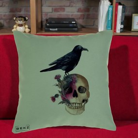 Perna Decorativa Craniu cu Corb si Flori Gothic, 40x40 cm, Verde, Husa Detasabila, Perna Inclusa, BEKZ®