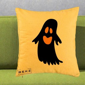 Perna Decorativa Halloween Fantoma Neagra cu Ochi Portocalii, 40x40 cm, Galben, Husa Detasabila, Perna Inclusa, BEKZ®