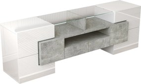 Dulap TV cu iluminare LED, suprafețe din sticlă, cu 6 uși, 2 sertare și 3 compartimente, 145x30x51 cm, Alb+Gri