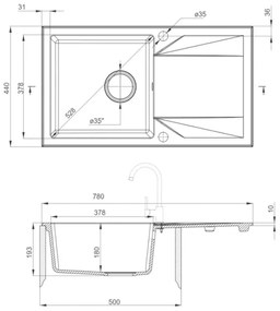 Chiuvetă Gori pătrată cu o singură lavoar și scurgător din granit, neagră