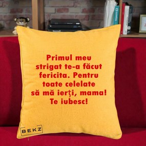 Cadou pentru Mama - Perna Personalizata Primul Strigat Mama, 40x40 cm, Galben, Husa Detasabila, Perna Inclusa, BEKZ®