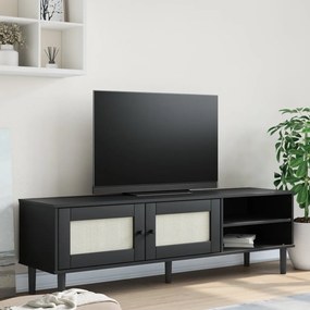 Comoda TV SENJA aspect ratan negru, 158x40x49cm, lemn masiv pin
