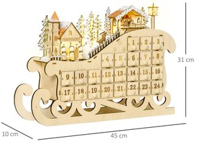 Calendar Advent din Lemn in Forma de Sanie cu 24 de Sertare de Umplut, Decoratiuni si Lumini 45x10x31cm HOMCOM | Aosom RO