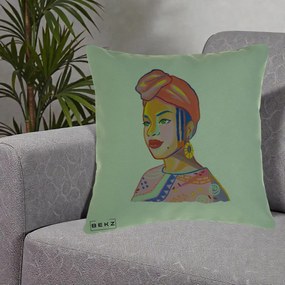 Perna Decorativa Portret Femeie Africana, 40x40 cm, Verde, Husa Detasabila, Perna Inclusa, BEKZ®