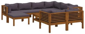 Set mobilier de gradina cu perne, 10 piese, lemn masiv acacia Morke gra, 5x colt + 3x mijloc + suport pentru picioare + masa, 1
