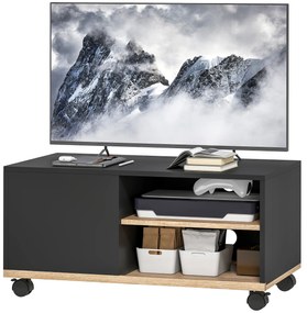 HOMCOM Stand TV pe Roți cu 2 Frâne - 2 nișe + Dulap cu Ușă 2 Treceri pentru Cablu - din Lemn Negru și Stejar Deschis | Aosom Romania