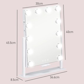 HOMCOM Oglindă Hollywood cu 12 becuri LED, luminos reglabil, rotație la 360°, magnificare 10X, atingere tactilă, alb | Aosom Romania