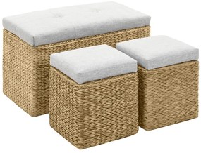 vidaXL Bancă cu 2 taburete, iarbă de mare, gri