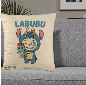 Perna Personalizata Labubu x Stitch cu Flori, 40x40 cm, Bej, Husa Detasabila, Perna Inclusa, BEKZ®