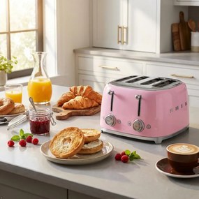 Prăjitor de pâine SMEG 50's Style TSF03PKEU, 2000 W, 4 felii, 6 niveluri, Tava pentru firimituri, Cablu integrat, Oțel inoxidabil, Roz