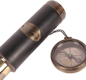 Ochean telescopic decorativ din alamă și piele, negru și auriu, extensibil, cu busolă pe lanț, aspect vintage, finisaj antichizat, 5,5 x 40 x 5,5 cm,