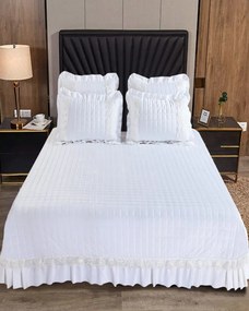 Cuvertura de pat 2 persoane, catifea, alb / crem, 3 piese, CCC-83