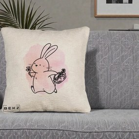 Perna Decorativa Iepuras Kawaii cu Cosulet Floral, 40x40 cm, Bej Canapea, Husa Detasabila, Perna Inclusa, BEKZ®