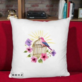 Perna Decorativa Pasare Roz pe Colivie Aurie cu Flori, 40x40 cm, Alb Pufos, Husa Detasabila, Perna Inclusa, BEKZ®