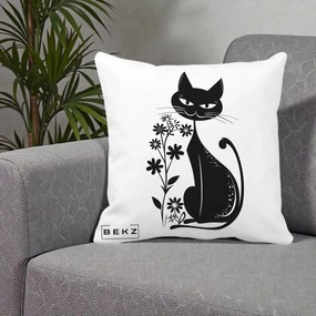 Perna Decorativa Pisica Neagra Grafica Minimalista, 40x40 cm, Alba Mata, Husa Detasabila, Perna Inclusa, BEKZ®