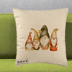 Perna Decorativa Gnomi de Craciun Patru, 40x40 cm, Bej, Husa Detasabila, Perna Inclusa, BEKZ®