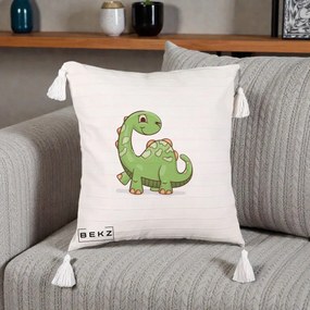 Perna Decorativa Brontosaur Verde Simpatic, 40x40 cm, Bej cu Franjuri, Husa Detasabila, Perna Inclusa, BEKZ®