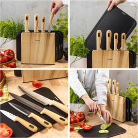 Set de cuțite și tăvi de tăiat Klausberg KB 9037, 8 piese, oțel inoxidabil, suport, maro/negru