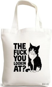 Sacosa de Panza pentru Cumparaturi, Geanta Tote, model What are you looking at?, 38x34.5 cm, Alba, BEKZ®