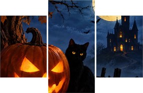 Tablou - Pisică neagră lângă un dovleac luminat de Halloween (90x60 cm)