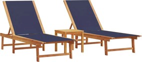 vidaXL Șezlonguri 2 buc. albastru cu masă lemn masiv acacia/textilenă