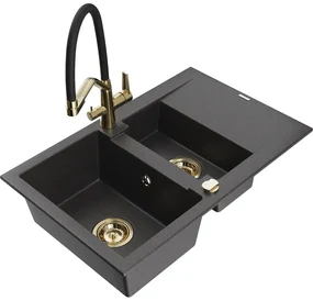 Mexen Gaspar chiuvetă de granit 1,5 cuve cu scurgător și baterie de bucătărie Duo, negru pătat - 6507-76-671701-57-G