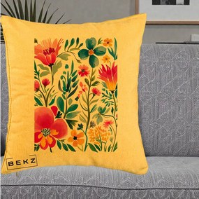 Perna Decorativa Gradina Florala Acuarela Colorata, 40x40 cm, Galben, Husa Detasabila, Perna Inclusa, BEKZ®