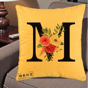Cadou Personalizat - Perna Personalizata Monograma Florala Litera M cu Trandafiri si Anemona, 40x40 cm, Galben, Husa Detasabila, Perna Inclusa, BEKZ®