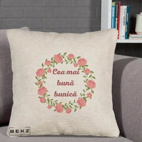 Cadou pentru Bunica - Perna Personalizata Cea Mai Buna Bunica Coronita Trandafiri Roz Clasic, 40x40 cm, Bej Canapea, Husa Detasabila, Perna Inclusa, BEKZ®