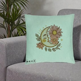 Perna Personalizata Luna Boho Chip Floral, 40x40 cm, Verde Menta, Husa Detasabila, Perna Inclusa, BEKZ®