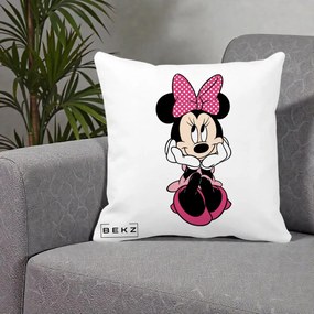 Perna Personalizata Minnie Mouse cu Fundita, 40x40 cm, Alba Mata, Husa Detasabila, Perna Inclusa, BEKZ®